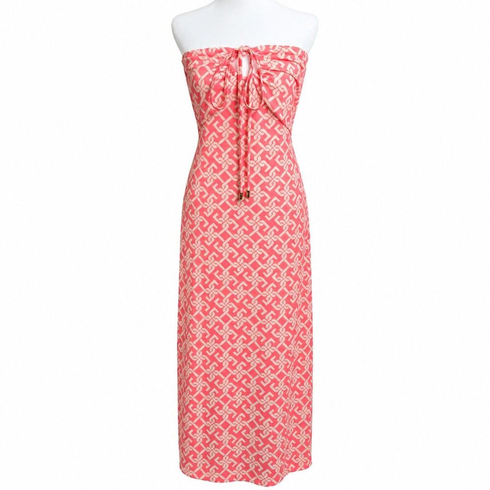 Strapless Pink Geometric Maxi Dress Large Resort Coastal Vacation Y2K Glam